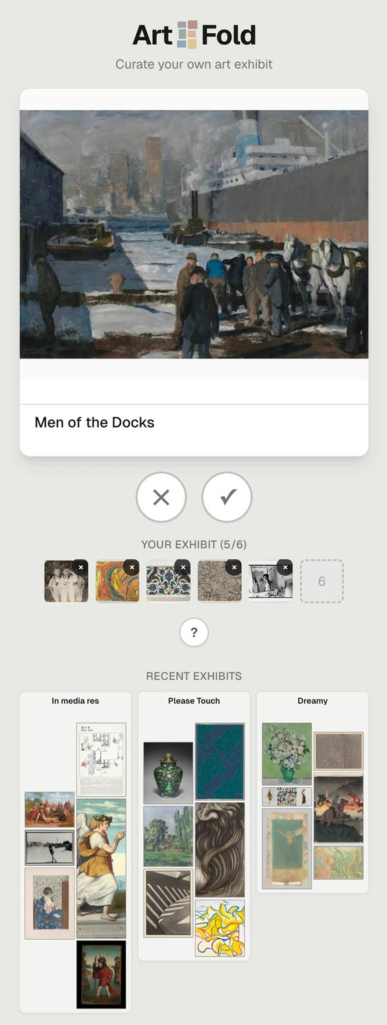 Screenshot of the Art Fold site showing the exhibit grid and artwork.